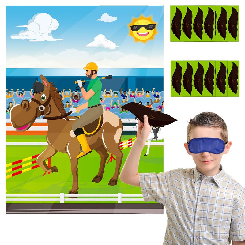 ANGOLIO 24Pcs Horse Race Party Sticker Game, Pin The Tail on The Horse Poster, Horse Party Supplies Horse Themed Decoration Kids Birthday Party Favor Baby Shower Game (Includes 2 Blindfolds) - Image 1